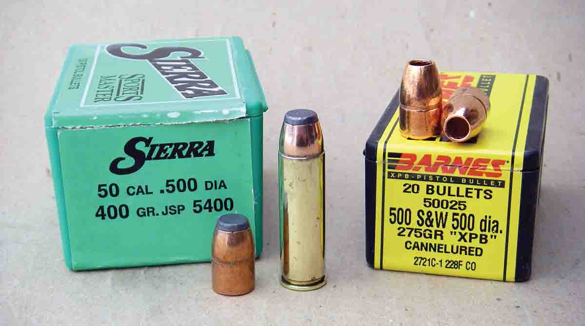 The Sierra 400-grain JSP and Barnes 275-grain XPB are popular choices for the .500 S&W Magnum.